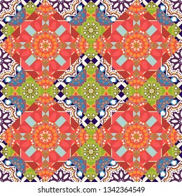 Vector abstract home decorative ornament, containing from geometric figures and mandalas. Seamless pattern in pink, blue and orange colors.