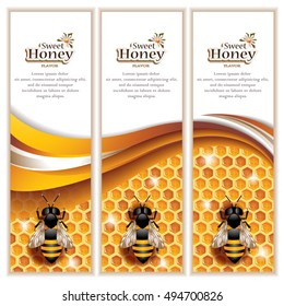 Vector Abstract Honey Banners with Honeycombs, Working Bees and Space for Text