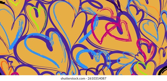Vector abstract horizontal banner with bright colored hearts on yellow background Love, emotions, joy, happiness, fun For gift wrap, packaging, blog, greeting  card, invitation, app, web, social media