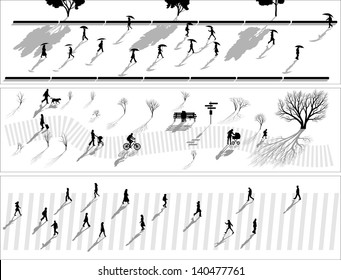 Vector abstract horizontal banner: crowd of people silhouettes with shadows in rain, in park and pedestrians.