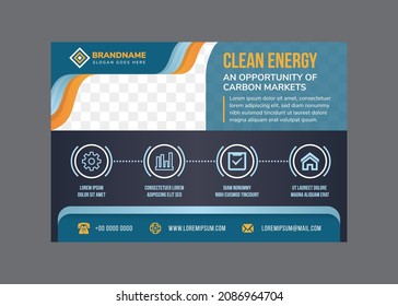Vector abstract horizontal banner with dark blue modern futuristic hi-tech background. clean energy of carbon market flyer design template with rectangle photo space. 