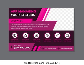 Banner horizontal abstracto vectorial con fondo moderno futurista de alta tecnología color rosa oscuro. aplicación que administra la plantilla de diseño del volante de sistemas con espacio de fotos rectangular. 