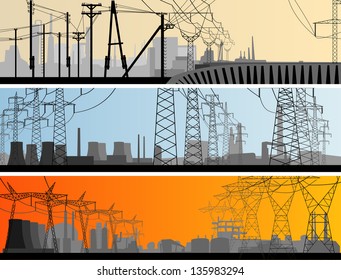 Vector abstract horizontal banner: industrial part of city with high voltage electric transmission line tower.