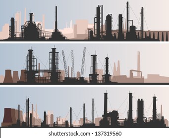 Vector abstract horizontal banner: industrial part of city with factories, refineries and power plants.