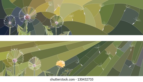 Vector abstract horizontal banner with mosaic of group of dandelion on green.