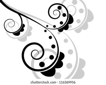 Vector Abstract Horizontal Black and White Curly Swirls Background with Floral Elements and Shapes