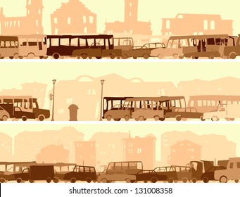 Vector abstract horizontal cartoon banner with many cars in traffic at rush hour street.