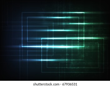 Vector abstract horizontal energy design against dark background, colored green and blue