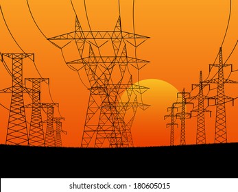 Vector abstract horizontal illustration with high voltage electric transmission line tower at sunset.