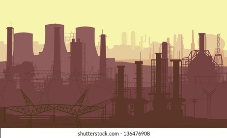 Vector abstract horizontal illustration: industrial part of city with factories, refineries and power plants