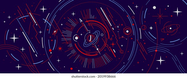 Vector Abstract Horizontal Red And Blue Space Illustration With Star, Planet And Line On Dark Background