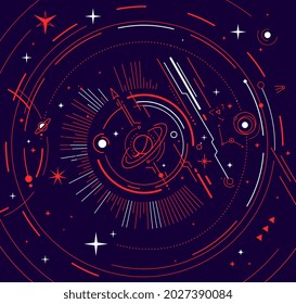 Vector abstract horizontal red and blue space illustration with star, planet and line on dark background