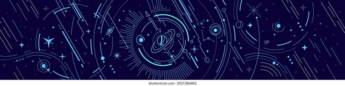 Abstrakte, horizontale, weiße und blaue Vektorgrafik mit Stern, Planeten und Linie auf dunklem Hintergrund