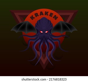 Vector abstract horrible sea monster chimera kraken with long tentacles, bat wings and glowing red eyes. Emblem or logo