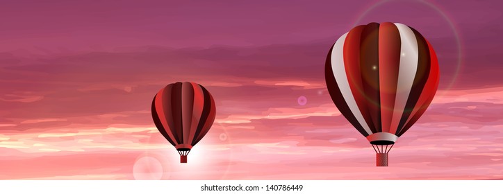 Vector abstract hot air balloon on red sky with sunset. Red, pink and white collor. Sun reflection and rays. Beautiful background.