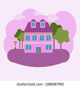 vector abstract house building in courtyard. with trees and lantern on lawn grass architecture landscape on yellow background of pink color