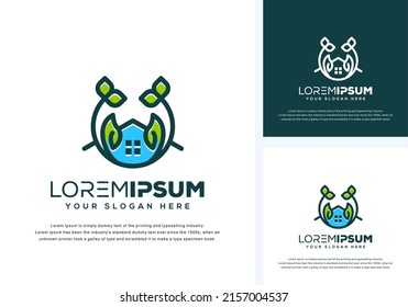 A vector of an abstract house and leaves logo design in white, blue and green