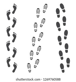 Vector abstract human boot, or sneakers shoe footprint track icon. Black silhoette of footwear footmarks. Hiking equipment or army outdoor footwear. Isolated illustration