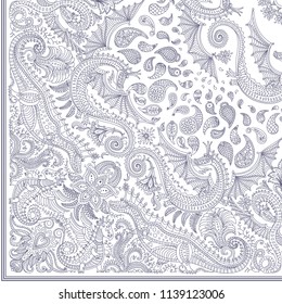 Vector abstract humorous blue gray dragon print on a white background. Paisley pattern, hand drawn flowers, leaves, fantasy cute dinosaur.Quarter scarf, should be rotated around the upper right corner