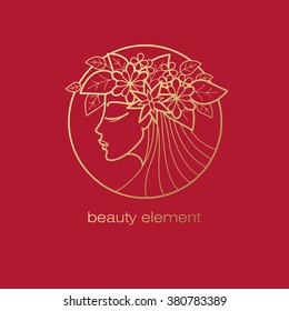 Vector abstract icon. Image of head of beautiful girl with wreath in circle. Template logo pattern in trend of modern linear style. Beauty symbol. Design with organic motifs of flowers and leaves. 