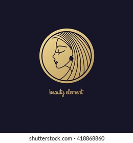 Vector abstract icon. Image of head beautiful girl. Template logo pattern in trend of modern linear style. Beauty symbol. Design for beauty hair salons, cosmetics. Gold foil on black background.