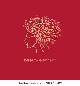 Vector Abstract Icon. Image Of Profile Of Beautiful Girl With Wreath. Template Logo Pattern In Trend Of Modern Linear Style. Beauty Symbol. Design With Organic Motifs Of Flowers And Leaves. 