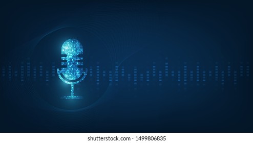 vector abstract icon microphone on digital sound wave on dark blue color background.voice recognition concept 