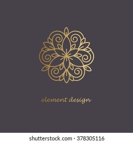 Vector abstract icon. The modern concept of gold foil printing on black background. Image circle shape. Vintage. Design organic natural motifs. 