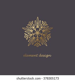 Vector abstract icon. The modern concept of gold foil printing on black background. Icon pentagon shape. Vintage. Design organic natural motifs.