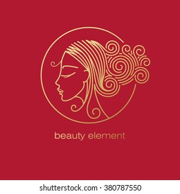 Vector abstract icon/Image of head beautiful girl in circle/Template logo pattern in trend of modern linear style/Beauty symbol/Design for beauty hair salons, cosmetics/Gold foil on red background