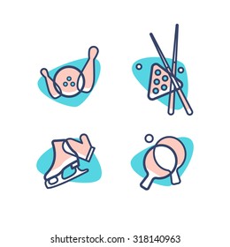 Vector abstract icons of different entertainment. Bowling, table tennis, skating, billiards.