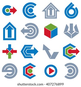 Vector abstract icons set, simple corporate graphic design elements. Blue and gray marketing symbols set isolated on white background.