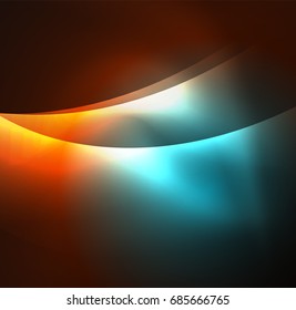 Vector abstract illuminated neon orange and turquoise waves