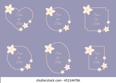 Vector abstract illustration of 6 decorative sakura frames. Wedding set. Save the date collection. For wedding, anniversary, invitations, valentine day design. Isolated on lavender background. Eps 8.