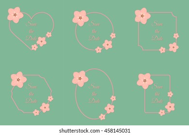Vector abstract illustration of 6 decorative sakura frames. Wedding set. Save the date collection. For wedding, anniversary, invitations, valentine day design. Isolated on jade green background. Eps 8