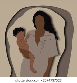 Vector abstract illustration of an African-American mother holding child in flat and paper cut style in soft pastel colors. For the design of Mother's Day cards, kids, baby banners. Mom and daughter