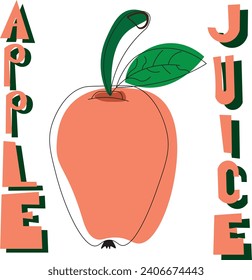 Vector abstract illustration of an apple. Apple with stem and leaf. Color outside the object, abstract, black rough outlines. Signs: "Apple, juice." Fruit, apple, health, vitamins, vegan
