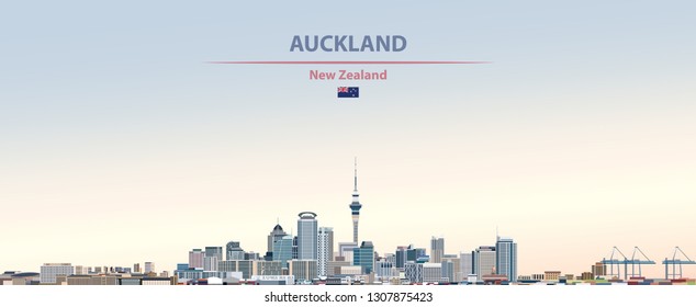 Vector abstract illustration of Auckland city skyline on colorful gradient beautiful day sky background with flag of New Zealand
