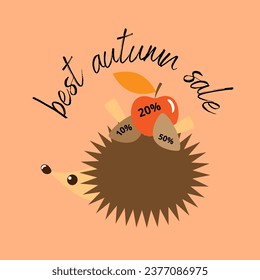Vector abstract illustration. Autumn illustration, best autumn sale, sale, season, shop. Hedgehog with apple and mushrooms on thorns, label, banner, web, flyer