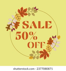 Ilustración abstracta vectorial. Otoño, hojas caídas. Venta En Caída, Venta, 50% De descuento. Compra, venta, web, banner, etiqueta, temporada, colores otoñales