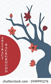 fondo de ilustración abstracta vectorial de la rama sakura azul con flores rojas, el color principal es rojo