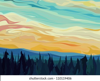 Vector abstract illustration background: clouds and hills of coniferous forest against sunset sky.