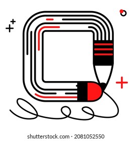 Vector abstract illustration for background design, text  square frames, titles. Stationery, curved pencil with geometric shapes are depicted. Square format. It can be used in web design, banners, etc