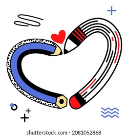 Vector abstract illustration for background design, text frames, titles. Stationery, a curved pencil with geometric shapes as a heart are depicted. Square format. It can be used in web design, etc.