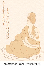 vector abstract illustration background full body woman in kimono with dragon tattoo in light gold colours, luxury japanese abstract background