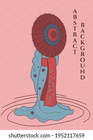 vector abstract illustration background woman silhouette in kimono with umbrella in orange and  blue colours, main colour is orange, japanese abstract background