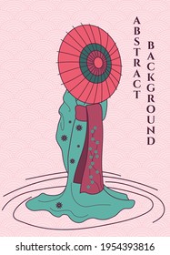 vector abstract illustration background woman in kimono with umbrella in pink and green colours, main colour is pink.  japanese abstract background