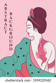 vector abstract illustration background woman in kimono with dragon tattoo in pink and green colours, japanese abstract background