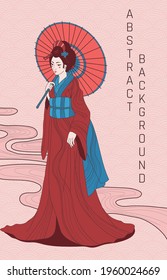 vector abstract illustration background woman in kimono with umbrella in orange and blue colours, main colour is orange.  japanese abstract background