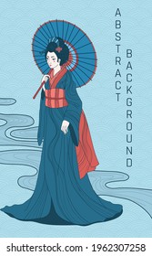 vector abstract illustration background woman in kimono with umbrella in orange and blue colours, main colour is blue.  japanese abstract background